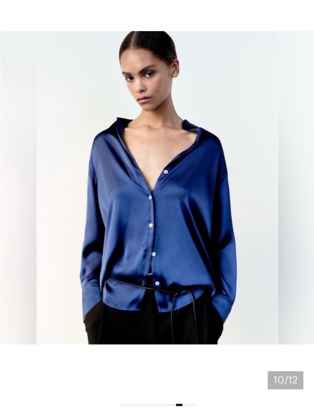 Zara Women's Navy Blue Satin Effect Button Down Shirt Silky Blouse small